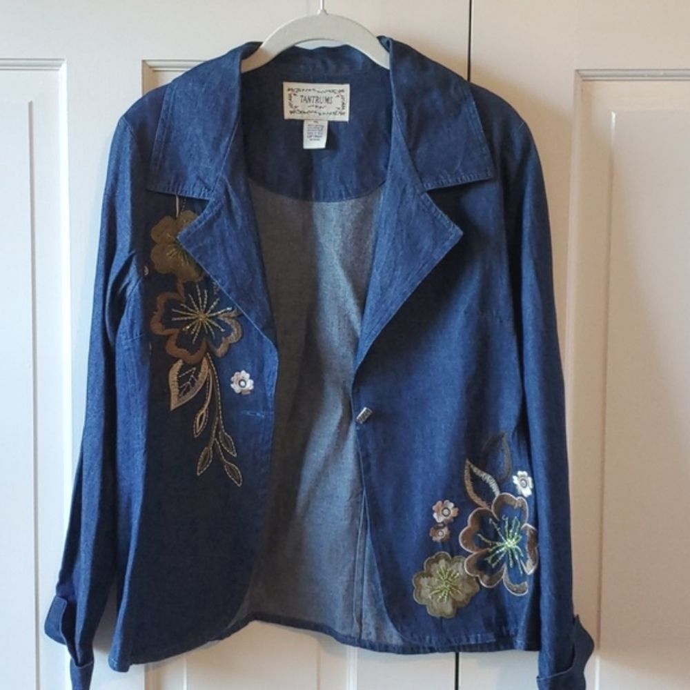 VINTAGE TANTRUMS EMBROIDERED DENIM JEAN BLAZER JACKET BOHO ARTSY 70s PETITE MED